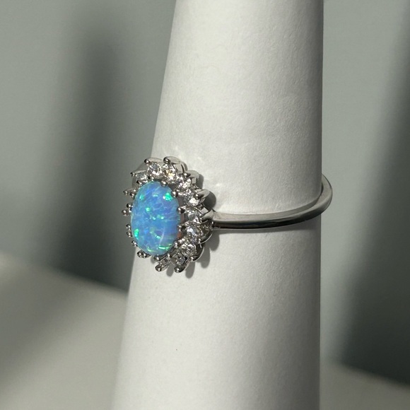 S925 Sterling Silver Clear Sunflower Sea Blue Opal Cubic Zirconia Ring - Picture 6 of 7